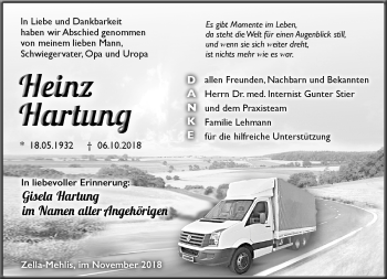 Traueranzeige von Heinz Hartung von Südthüringer Presse
