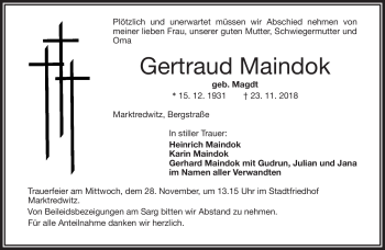 Traueranzeige von Gertraud Maindok von Frankenpost