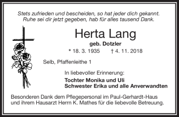 Traueranzeige von Herta Lang von Frankenpost