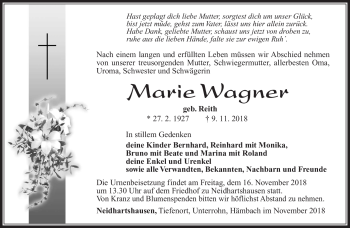 Traueranzeige von Marie Wagner von Südthüringer Presse
