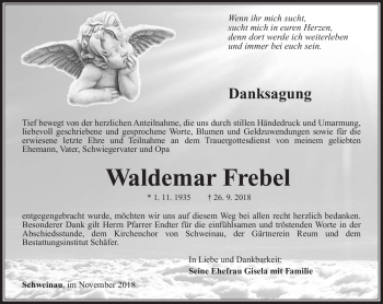 Traueranzeige von Waldemar Frebel von Südthüringer Presse