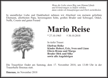 Traueranzeige von Mario Reise von Südthüringer Presse