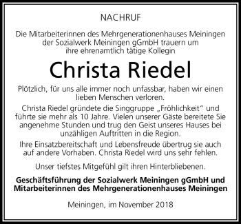Traueranzeige von Christa Riedel von Südthüringer Presse