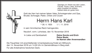 Traueranzeige von Hans Karl von Frankenpost