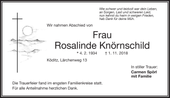 Traueranzeige von Rosalinde Körnschild von Frankenpost