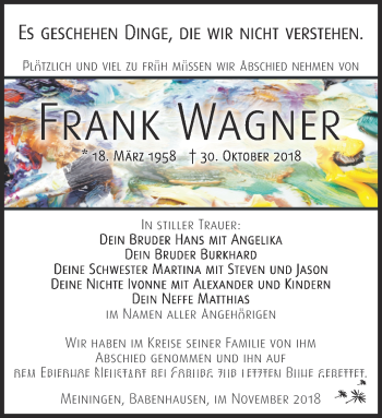 Traueranzeige von Frank Wagner von Südthüringer Presse