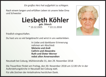 Traueranzeige von Liesbeth Köhler von Neue Presse Coburg