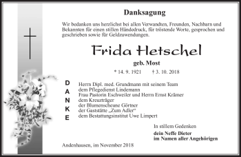 Traueranzeige von Frida Hetschel von Südthüringer Presse