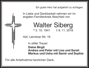 Traueranzeige von Walter Siberg von Frankenpost