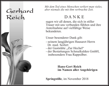 Traueranzeige von Gerhard Reich von Südthüringer Presse