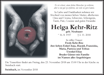 Traueranzeige von Helga Kehr-Ritz von Südthüringer Presse