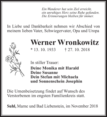 Traueranzeige von Werner Wronkowitz von Südthüringer Presse