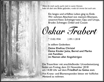 Traueranzeige von Oskar Trabert von Südthüringer Presse