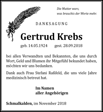Traueranzeige von Gertrud Krebs von Südthüringer Presse