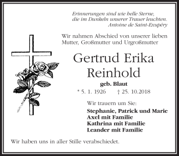 Traueranzeige von Gertrud Erika Reinhold von Frankenpost
