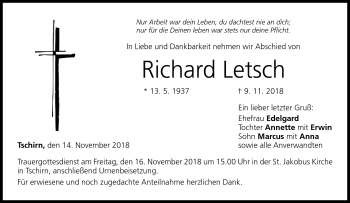Traueranzeige von Richard Letsch von Neue Presse Coburg