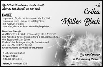 Traueranzeige von Erika Müller-Blech von Südthüringer Presse