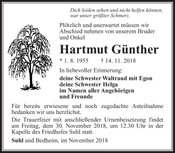 Traueranzeige von Hartmut Günther von Südthüringer Presse