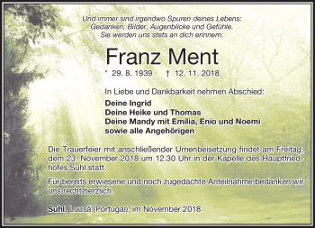 Traueranzeige von Franz Ment von Südthüringer Presse