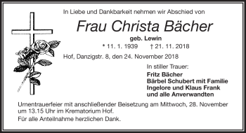 Traueranzeige von Christa Bächer von Frankenpost