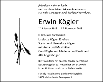 Traueranzeige von Erwin Kögler von Frankenpost