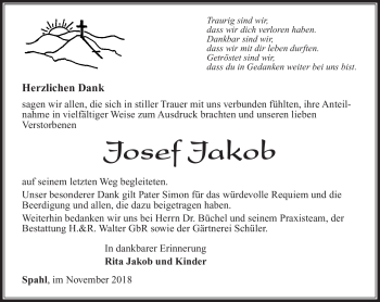 Traueranzeige von Josef Jakob von Südthüringer Presse