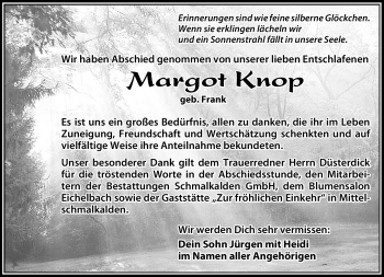 Traueranzeige von Margot Knop von Südthüringer Presse