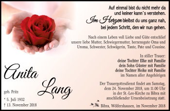 Traueranzeige von Anita Lang von Südthüringer Presse