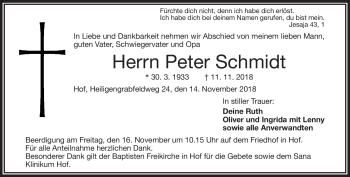 Traueranzeige von Peter Schmidt von Frankenpost