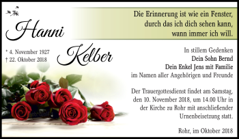 Traueranzeige von Hanni Kelber von Südthüringer Presse