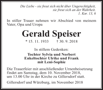 Traueranzeige von Gerald Speiser von Südthüringer Presse