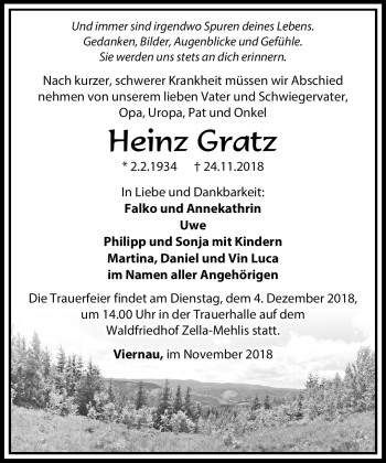 Traueranzeige von Heinz Gratz von Südthüringer Presse