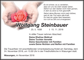 Traueranzeige von Wolfgang Steinhauer von Südthüringer Presse