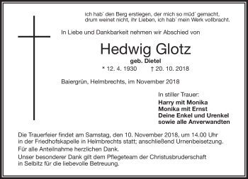 Traueranzeige von Hedwig Glotz von Frankenpost