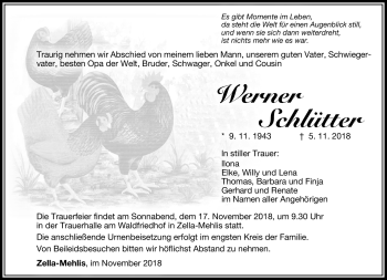 Traueranzeige von Werner Schlütter von Südthüringer Presse