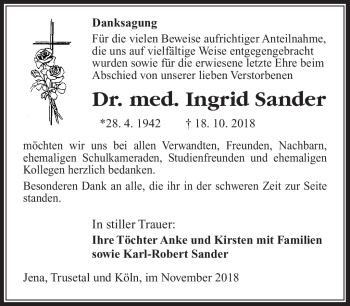 Traueranzeige von Dr. Ingrid Sander von Südthüringer Presse