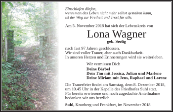 Traueranzeige von Lona Wagner von Südthüringer Presse