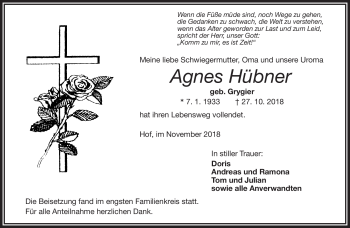 Traueranzeige von Agnes Hübner von Frankenpost