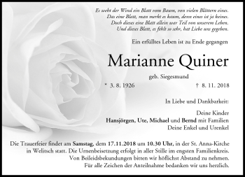 Traueranzeige von Marianne Quiner von Neue Presse Coburg