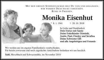 Traueranzeige von Monika Eisenhut von Südthüringer Presse