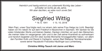Traueranzeige von Siegfried Wittig von Frankenpost