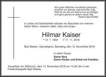 Traueranzeige von Hilmar Kaiser von Frankenpost