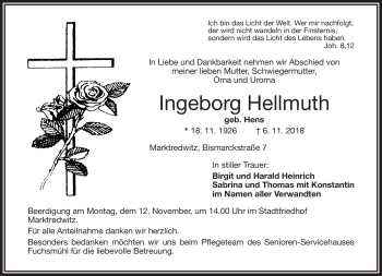 Traueranzeige von Ingeborg Hellmuth von Frankenpost