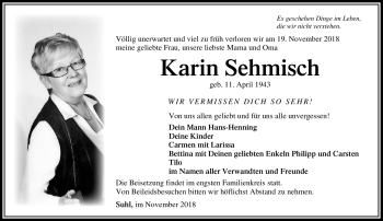 Traueranzeige von Karin Sehmisch von Südthüringer Presse
