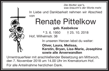 Traueranzeige von Renate Pittelkow von Frankenpost