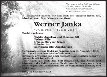 Traueranzeige von Werner Janka von Südthüringer Presse