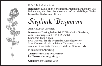 Traueranzeige von Sieglinde Bergmann von Südthüringer Presse