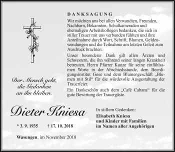Traueranzeige von Dieter Kniesa von Südthüringer Presse