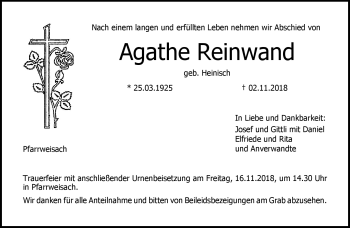 Traueranzeige von Agathe Reinwand von Neue Presse Coburg