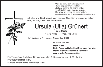 Traueranzeige von Ursula Grünert von Frankenpost